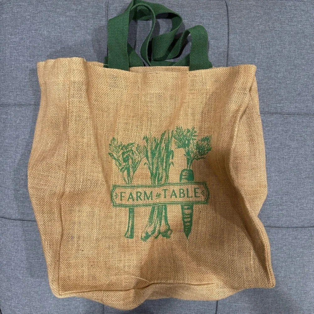 Farm to Table Burlap Tote Bag with Green Handles